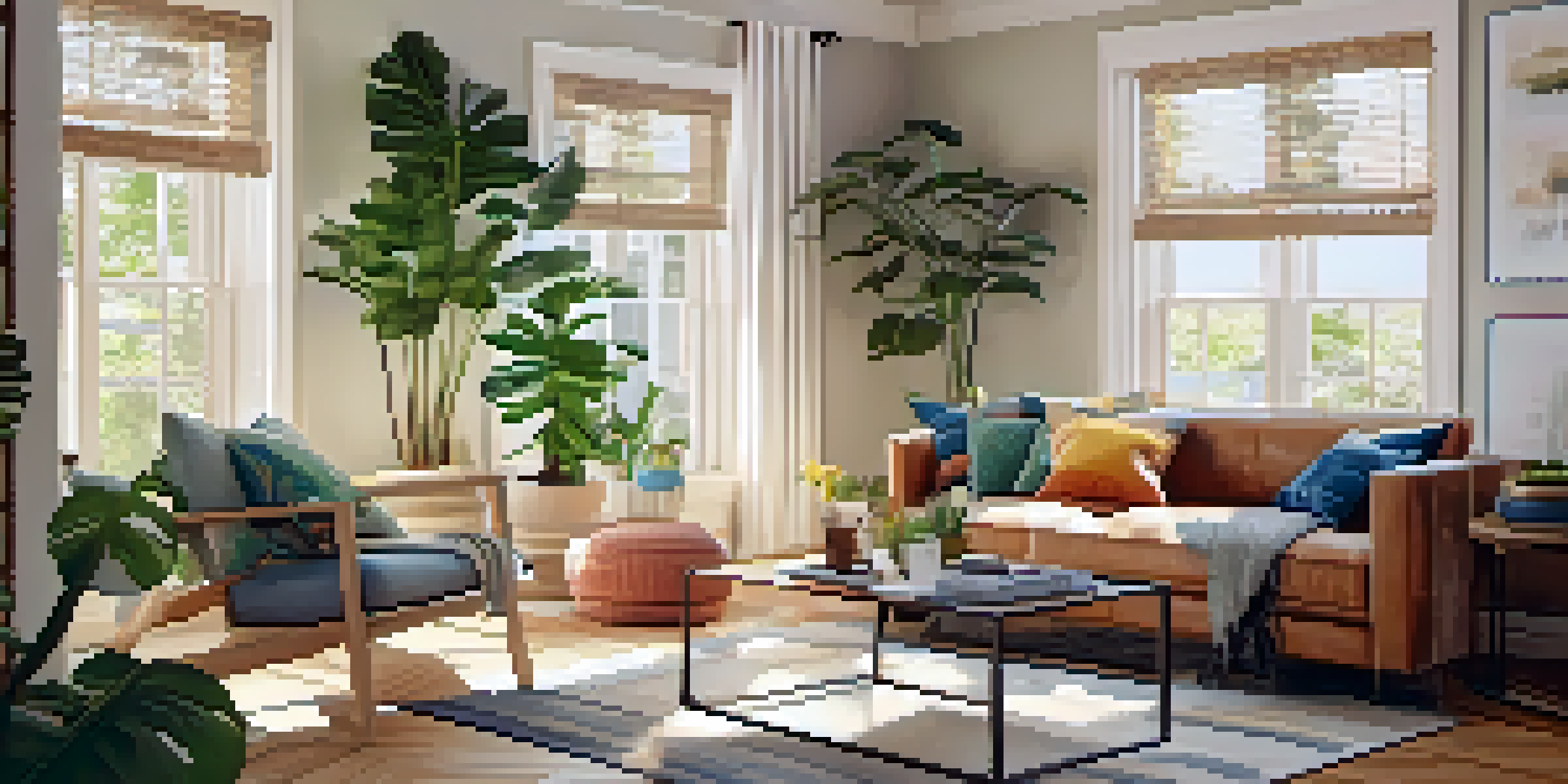 A modern living room with a plush sofa, wooden coffee table, and bright natural light from a large window, decorated with plants and colorful cushions.