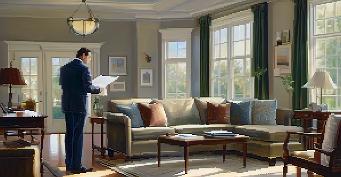 A home inspector in a living room, taking notes on a clipboard with elegant furniture and natural light.