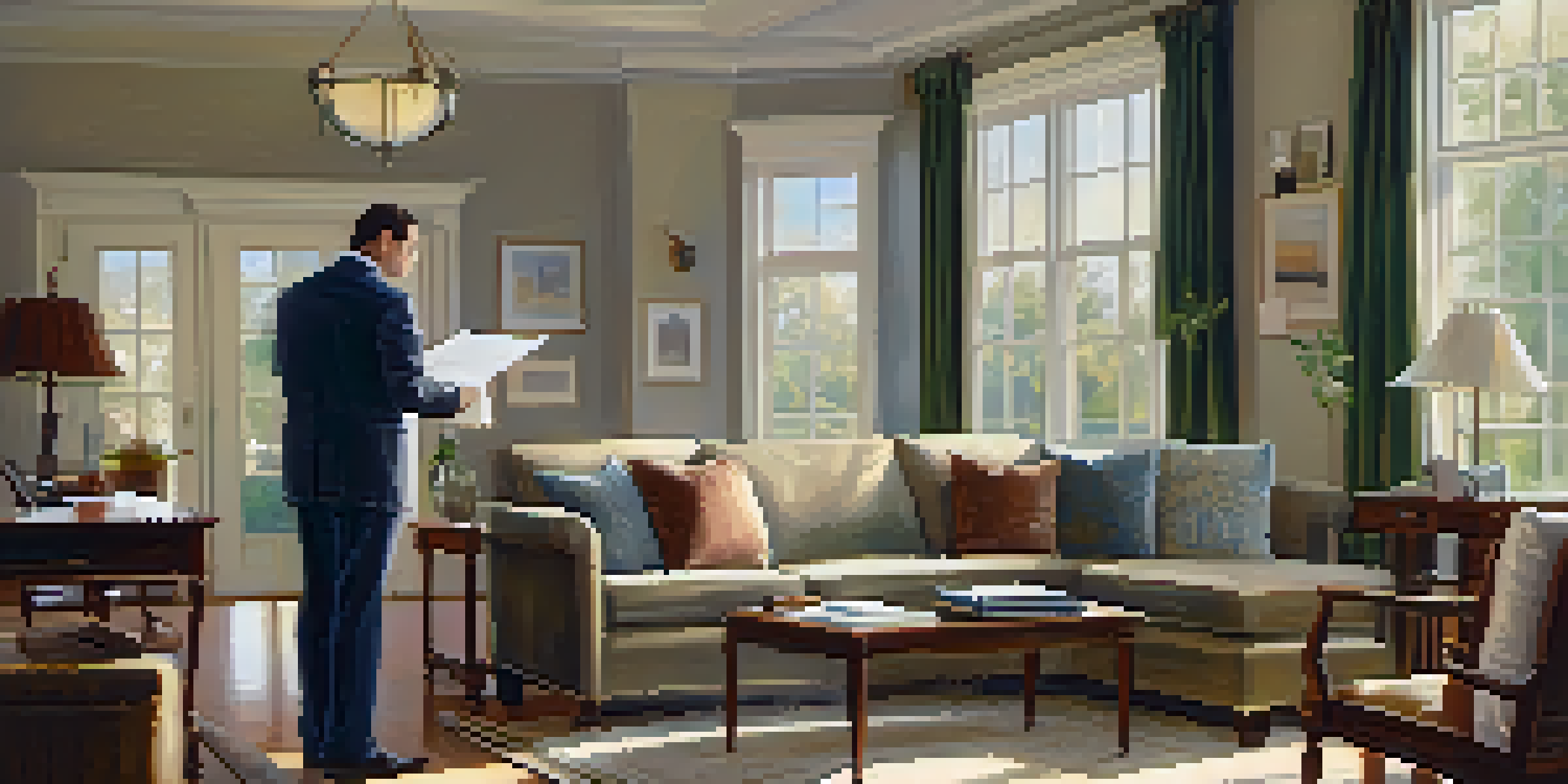 A home inspector in a living room, taking notes on a clipboard with elegant furniture and natural light.