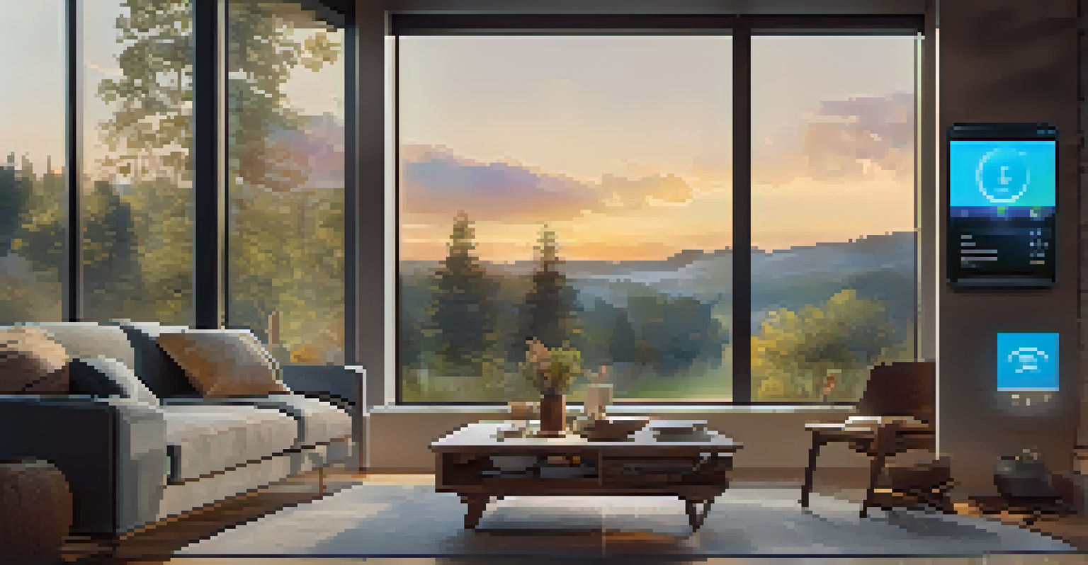 A cozy living room equipped with smart home devices and a tablet showing energy data.