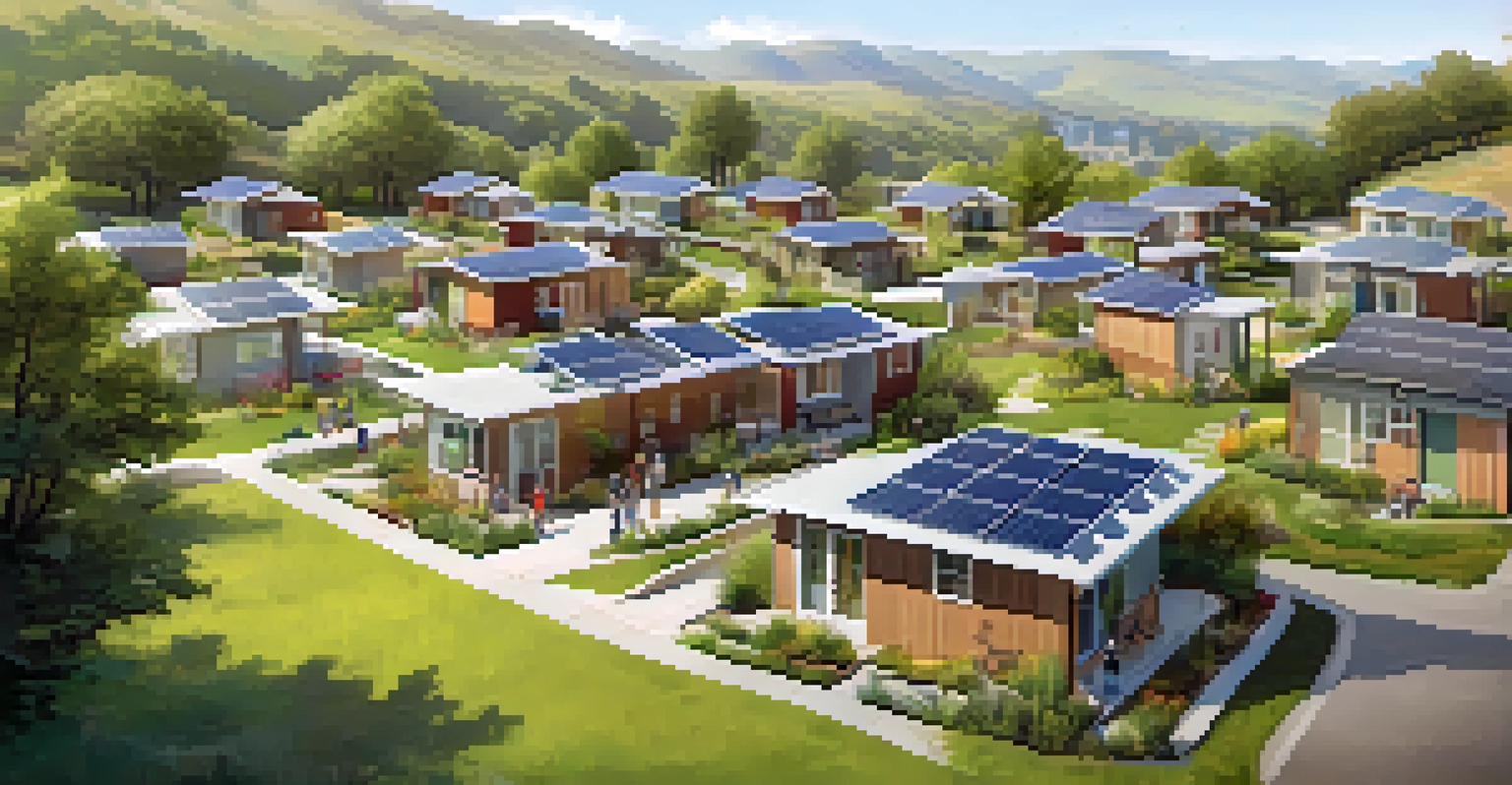 A community of eco-friendly homes with solar roofs and families in a park-like area.
