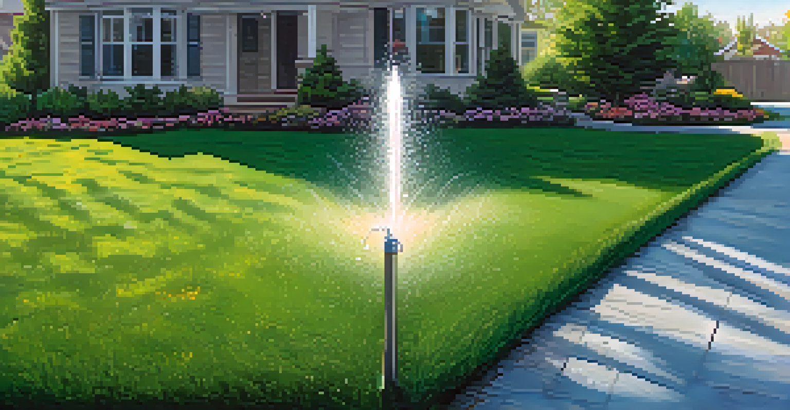 Overhead view of a lawn being watered by a sprinkler in the morning, with lush green grass and patches of colorful flowers.
