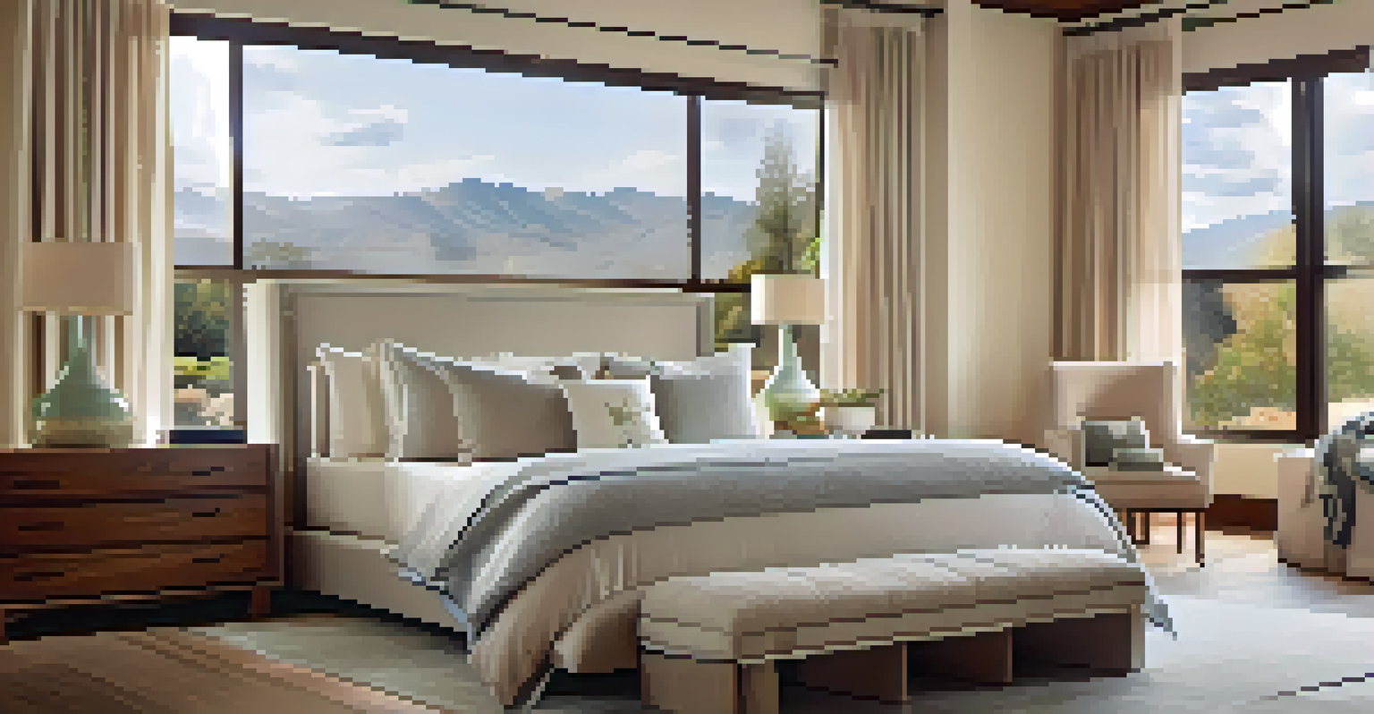 A serene bedroom with a landscape painting above the bed and soft pastel colors.