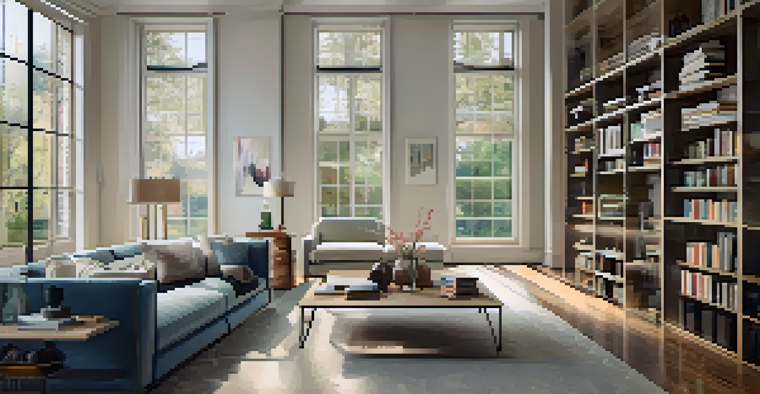 A cozy living room with modern furniture and large windows letting in natural light.