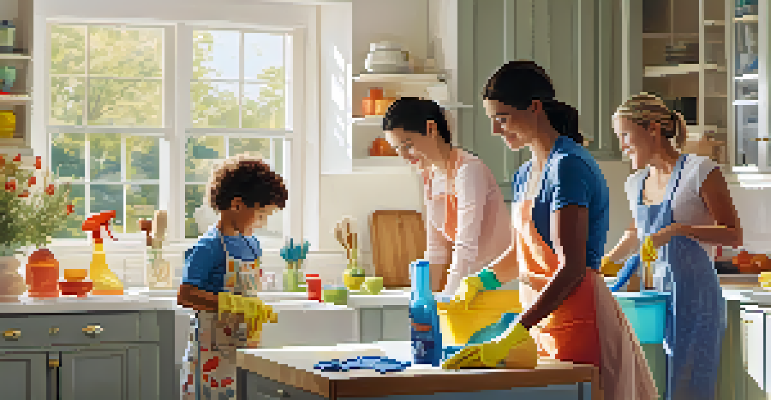 A family joyfully cleaning together in a bright kitchen, using colorful cleaning supplies from a caddy.