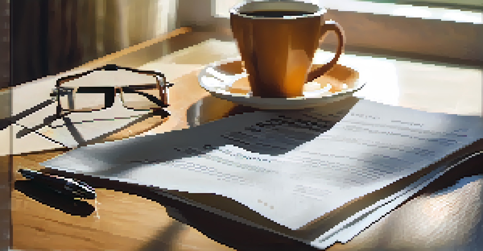 A close-up of a homeowners insurance policy document on a wooden table, with reading glasses and a cup of coffee beside it.