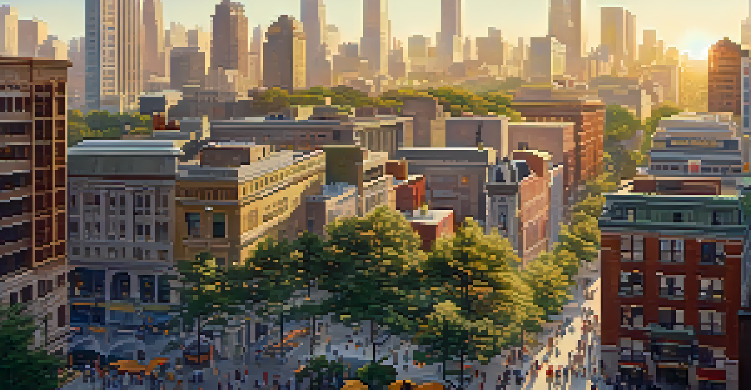 An aerial view of a busy city with skyscrapers and historical buildings, filled with traffic and pedestrians during golden hour.