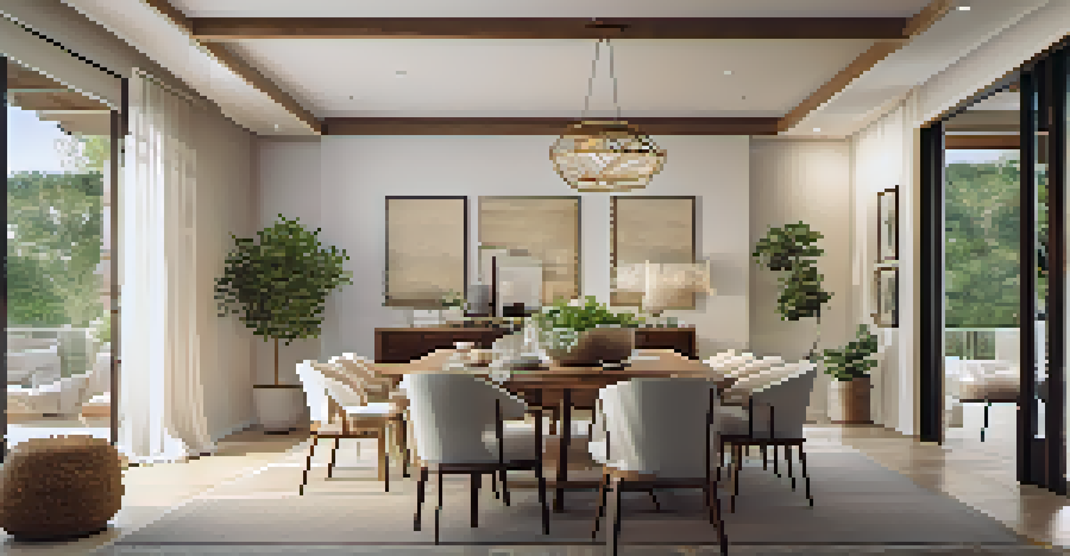 An elegant dining area in an open floor plan, with a linen tablecloth, sustainable dinnerware, and a decorative light fixture overhead.