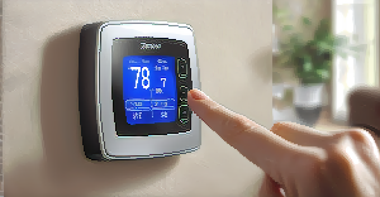 A close-up of a hand adjusting a programmable thermostat on a wall, set against a stylish interior, showcasing energy-saving features.