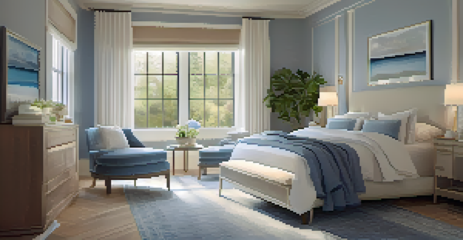 A tranquil bedroom with a large bed and soft color palette, featuring a view of nature outside.