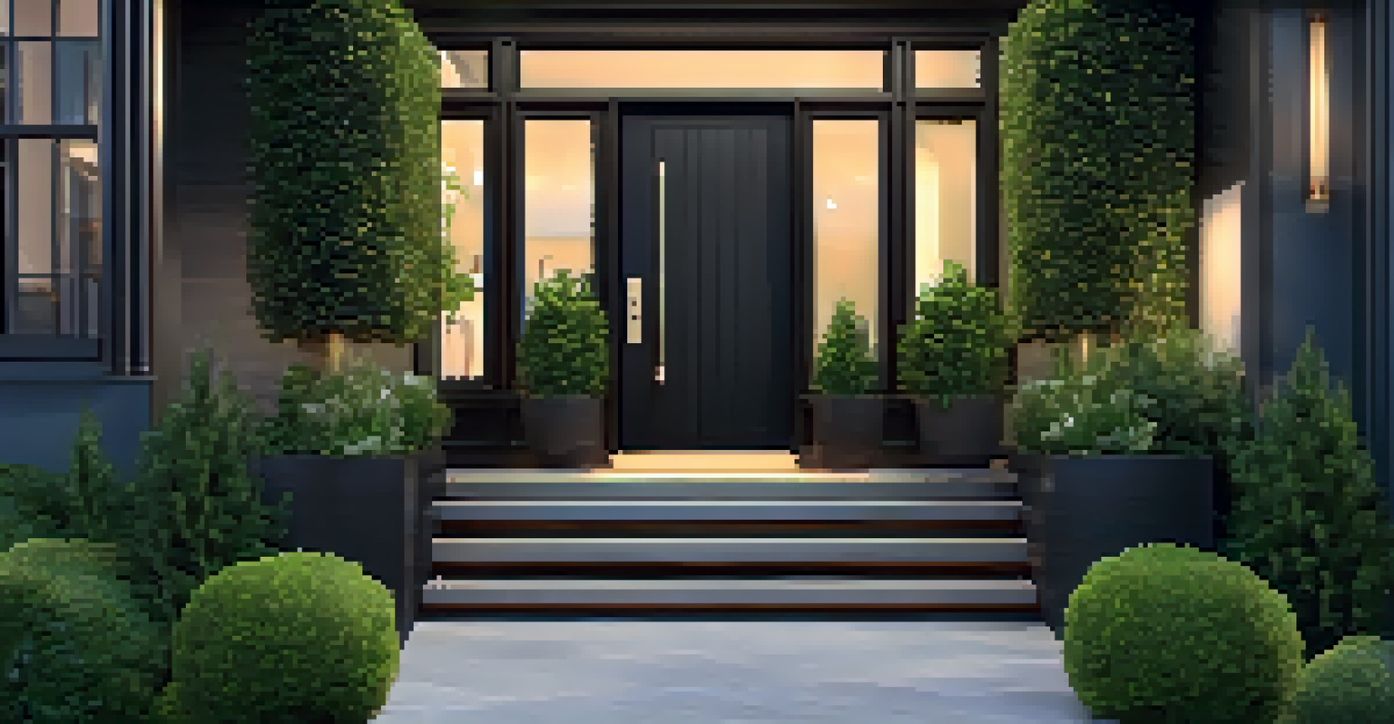 A modern entrance with a black metal door, surrounded by green shrubs and colorful potted plants, illuminated by pendant lights.