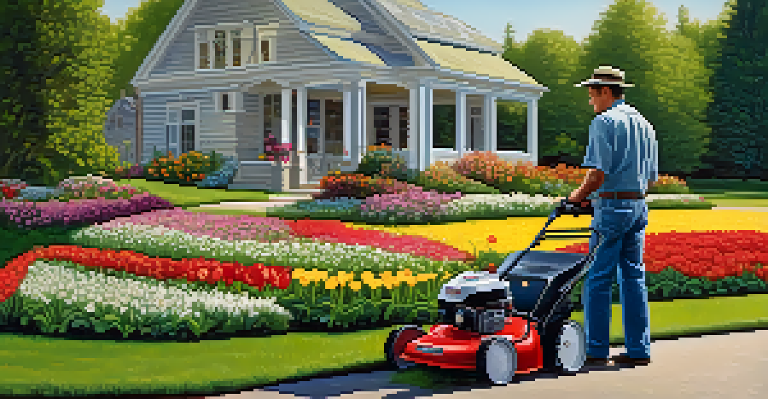 A gardener inspecting lawn equipment in a sunny garden with blooming flowers and freshly tilled soil, capturing the essence of spring.
