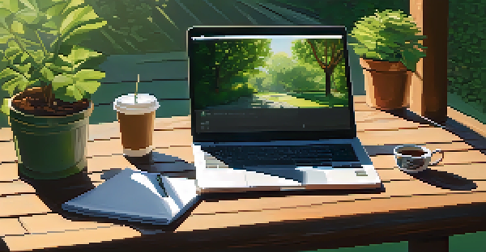 An outdoor workspace featuring a laptop and coffee cup on a wooden table surrounded by greenery, illuminated by soft morning light.
