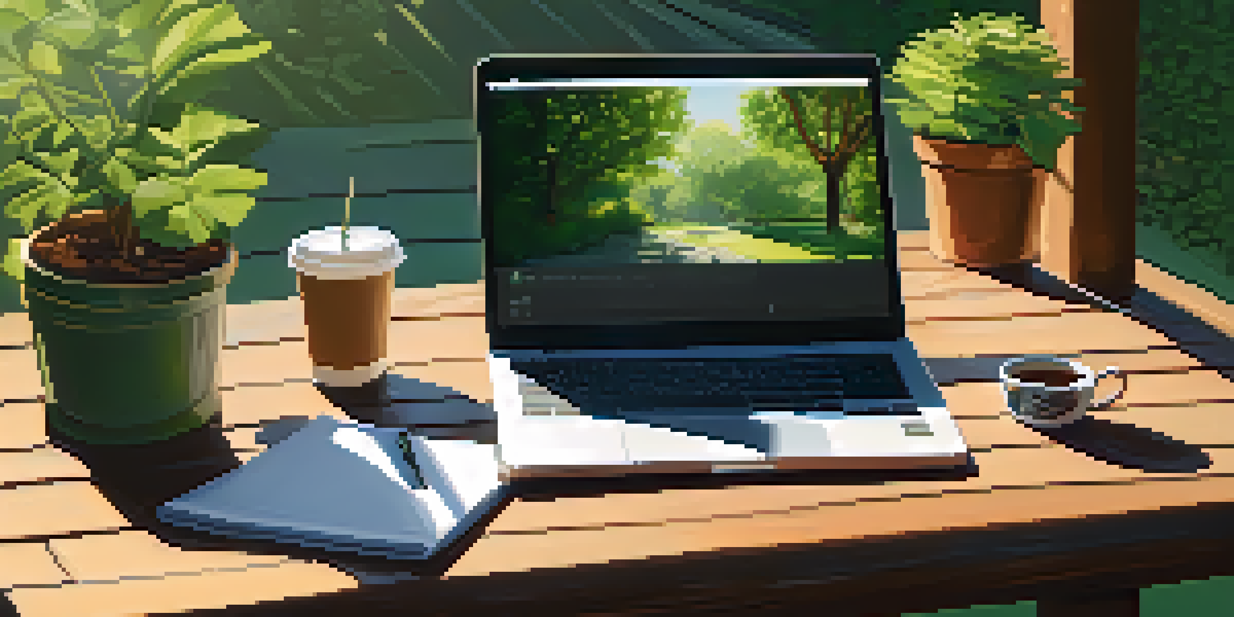 An outdoor workspace featuring a laptop and coffee cup on a wooden table surrounded by greenery, illuminated by soft morning light.
