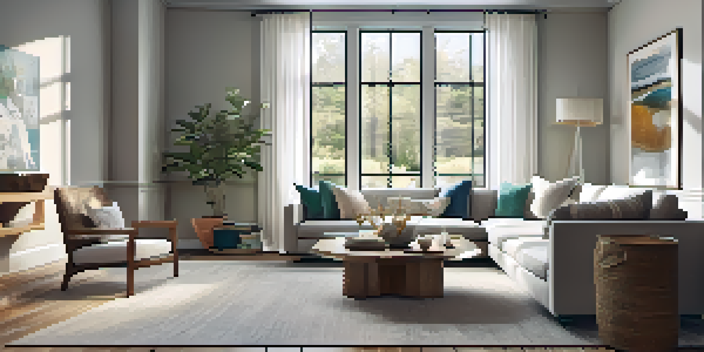 A warm and inviting living room with a vintage oak dining table and modern chairs, bathed in natural light from large windows.