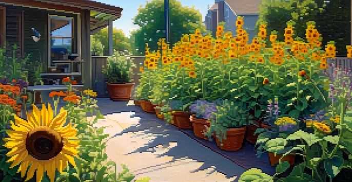 An urban garden filled with native plants, sunflowers in the back, wildflowers and herbs in the front, under warm sunlight with a bird feeder.