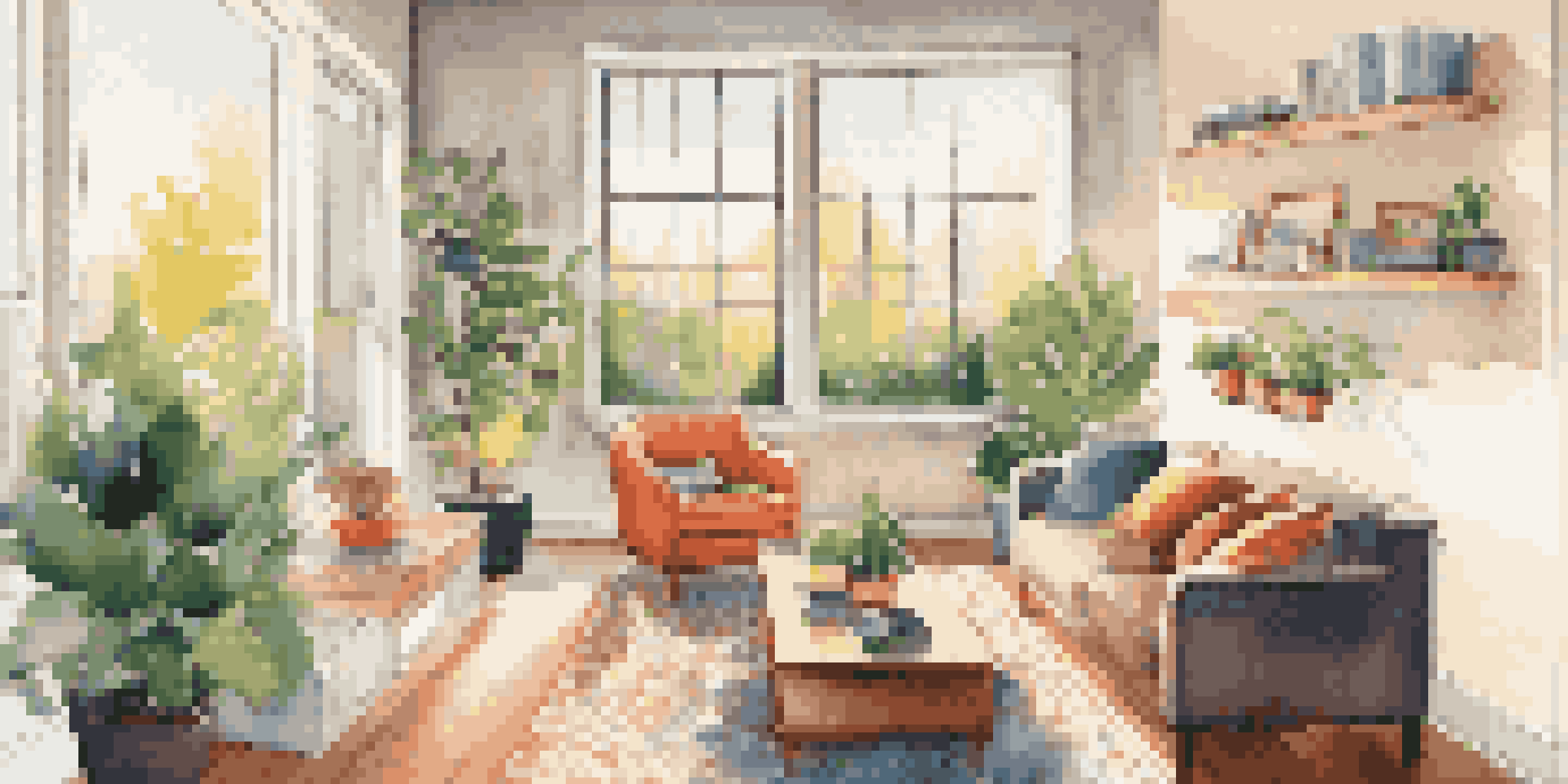 A bright and inviting living room with a sofa, coffee table, and houseplant, illuminated by sunlight.