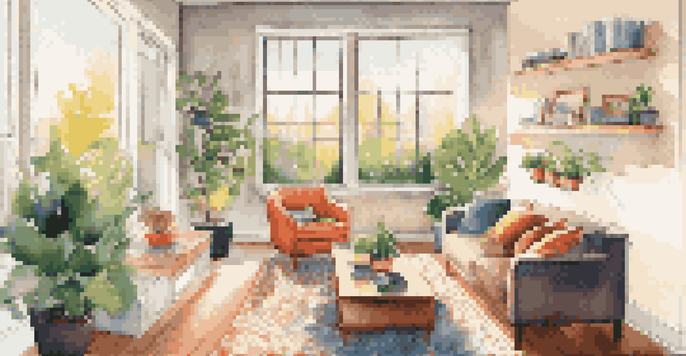A bright and inviting living room with a sofa, coffee table, and houseplant, illuminated by sunlight.