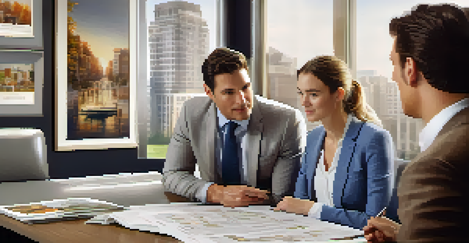 A real estate agent in a cozy office discussing property details with a young couple.