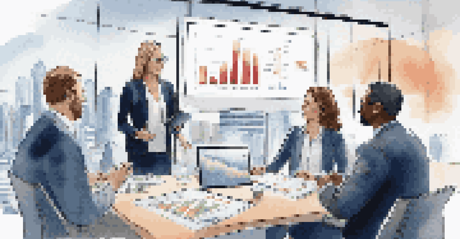 A diverse group of real estate investors in a modern conference room discussing REIT performance over a digital tablet.