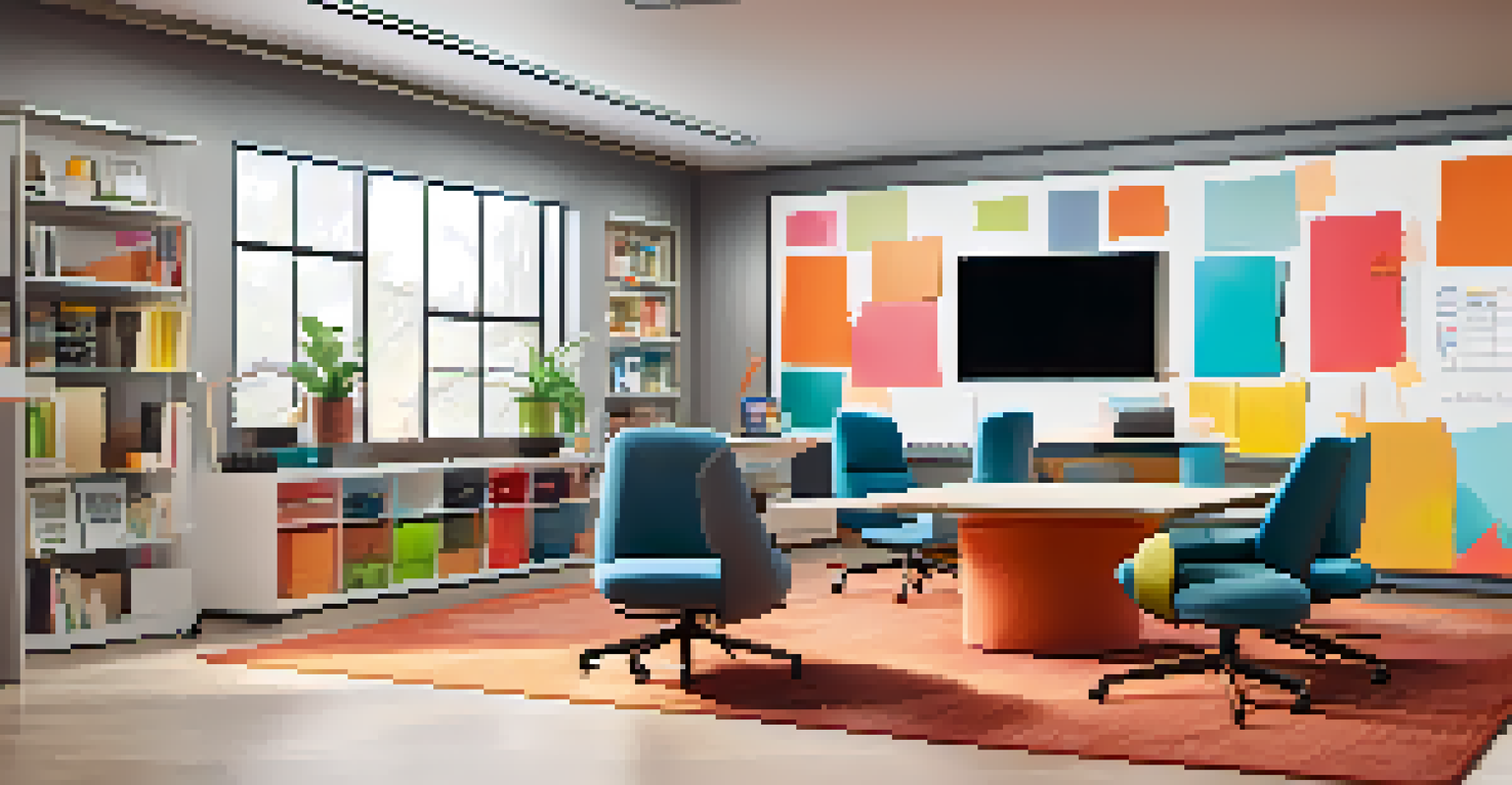 A collaborative workspace in a home office with a large screen, whiteboard, and modular furniture.