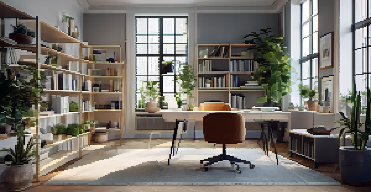 A stylish workspace within an open floor plan, with a minimalist desk, a bookshelf divider, and a cozy reading nook, all bathed in natural light.