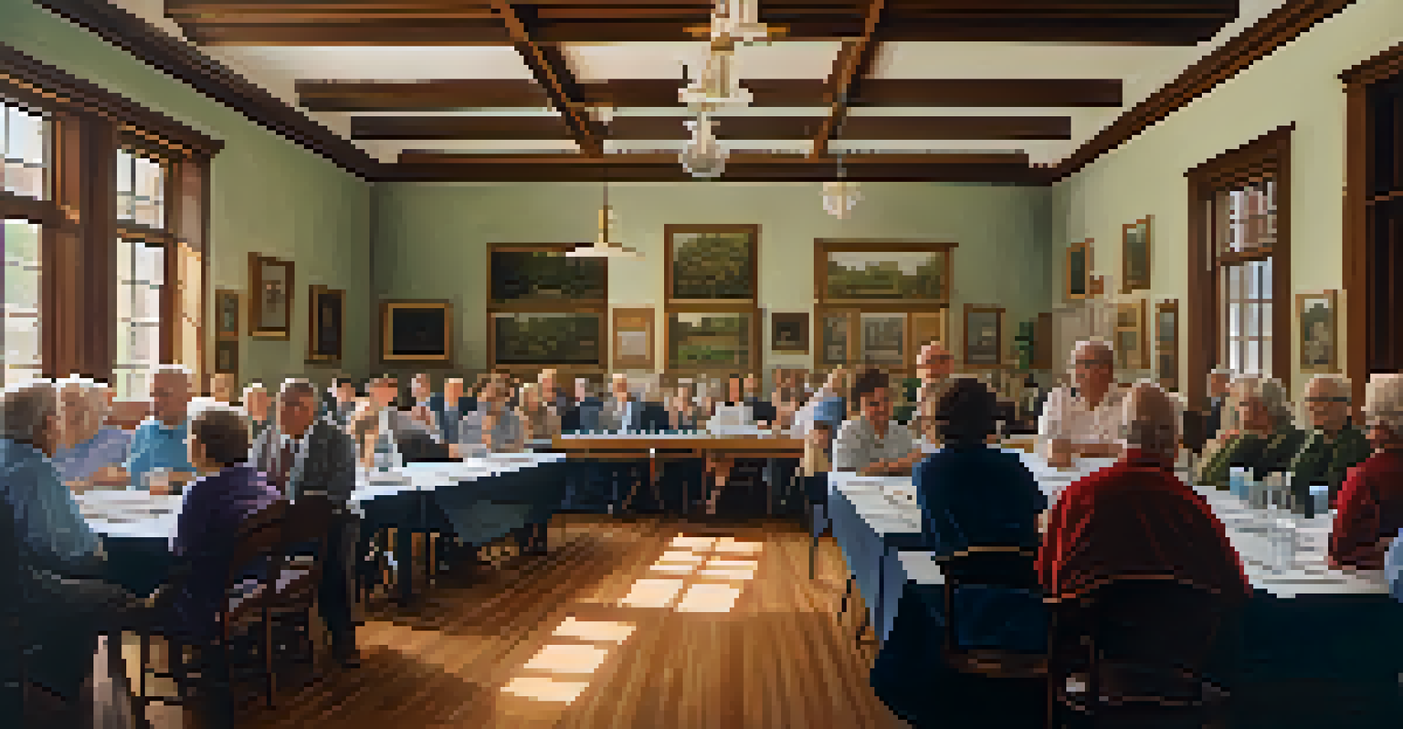 A community meeting in a town hall with residents discussing historic preservation, surrounded by historical photographs and natural light.