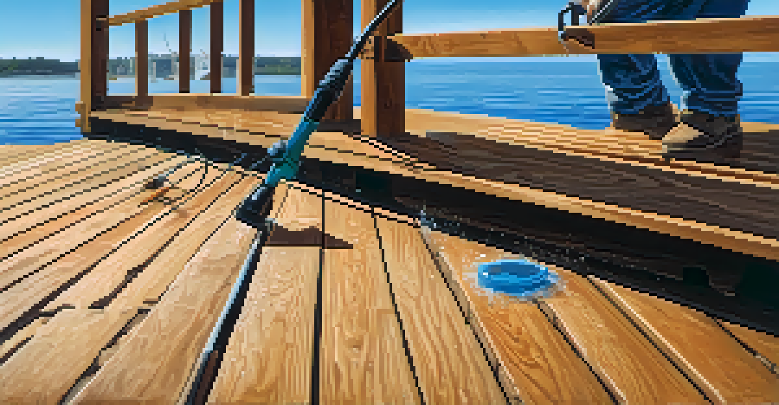 A person cleaning a wooden deck with a pressure washer, showcasing the texture of the wood and bright blue sky.