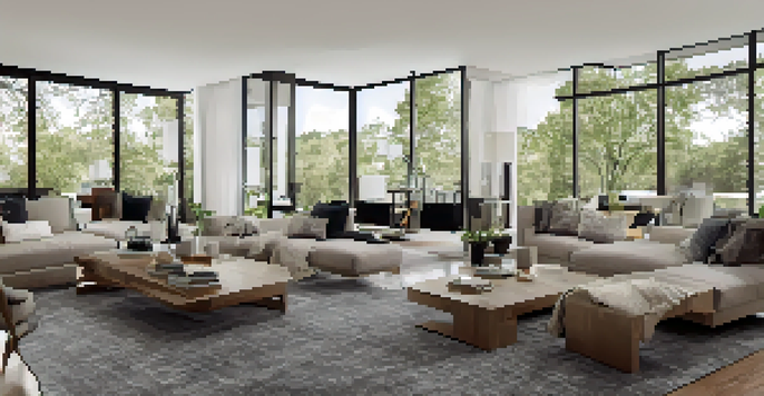 A modern living room with smart home technology, including a smart thermostat, automated lighting, and a voice-activated assistant.