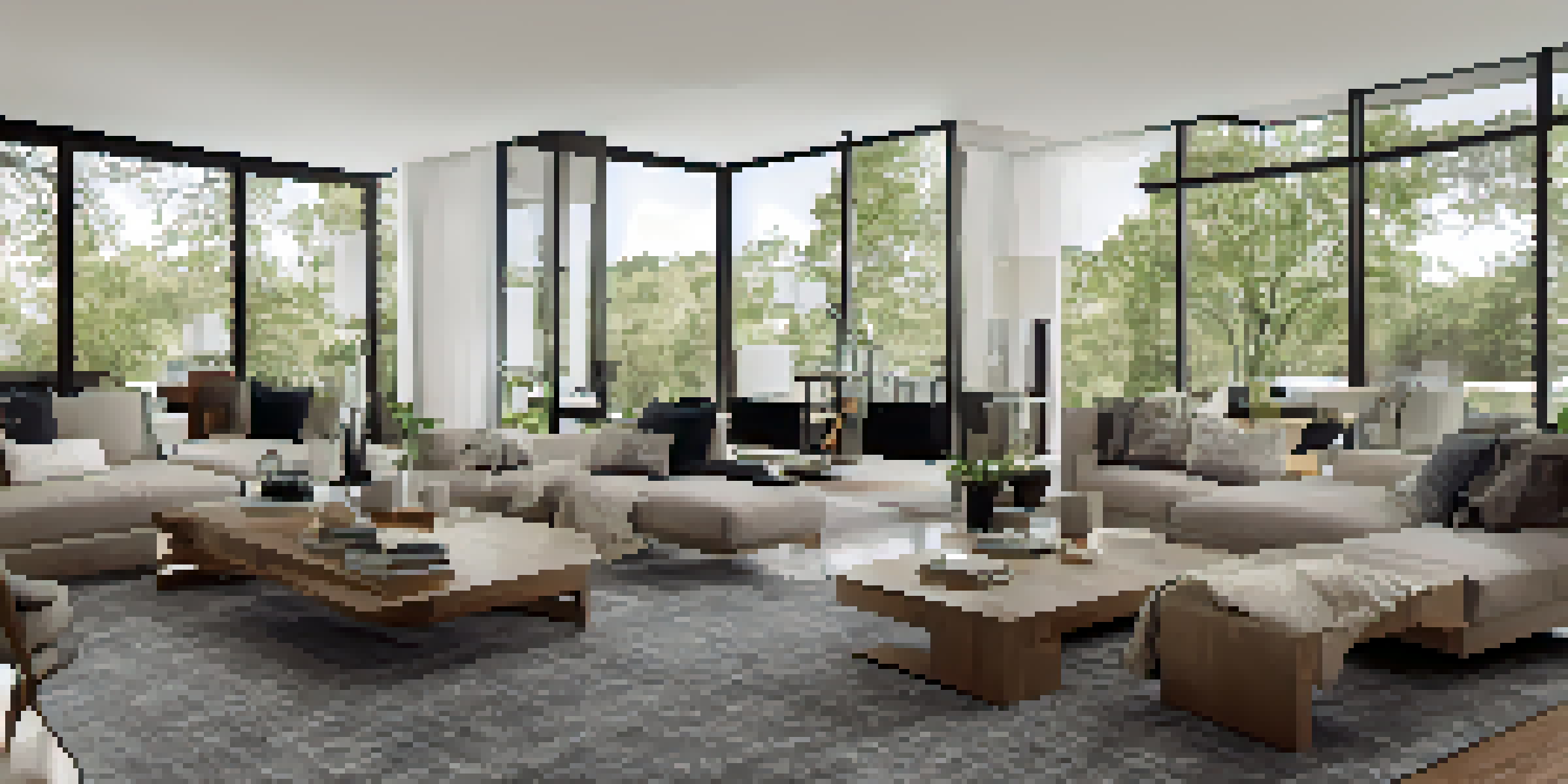 A modern living room with smart home technology, including a smart thermostat, automated lighting, and a voice-activated assistant.