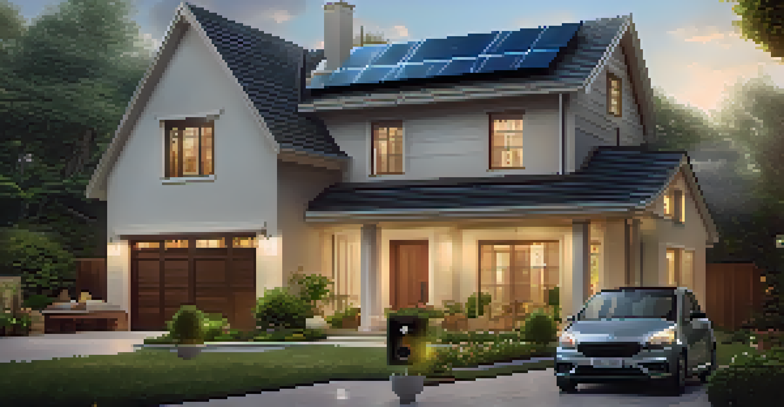 A smart home with solar panels and a security camera, showing a family using a smartphone to control home features.