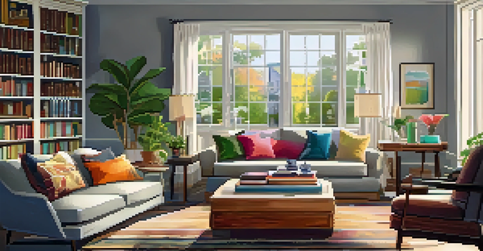 A bright and cozy living room with a sofa, coffee table, and bookshelf, illuminated by natural light.