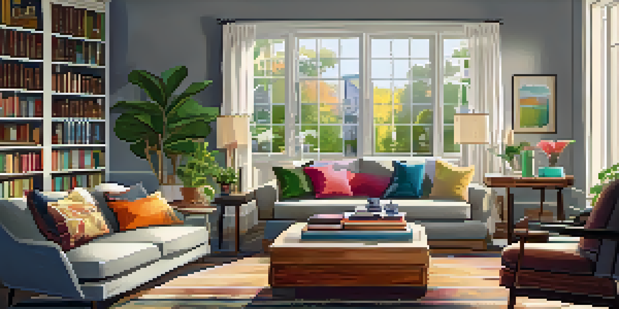 A bright and cozy living room with a sofa, coffee table, and bookshelf, illuminated by natural light.