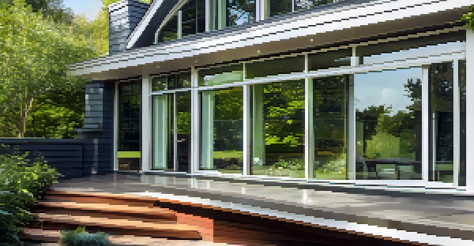 A close-up view of energy-efficient windows in a modern home, showing reflections and a garden outside.