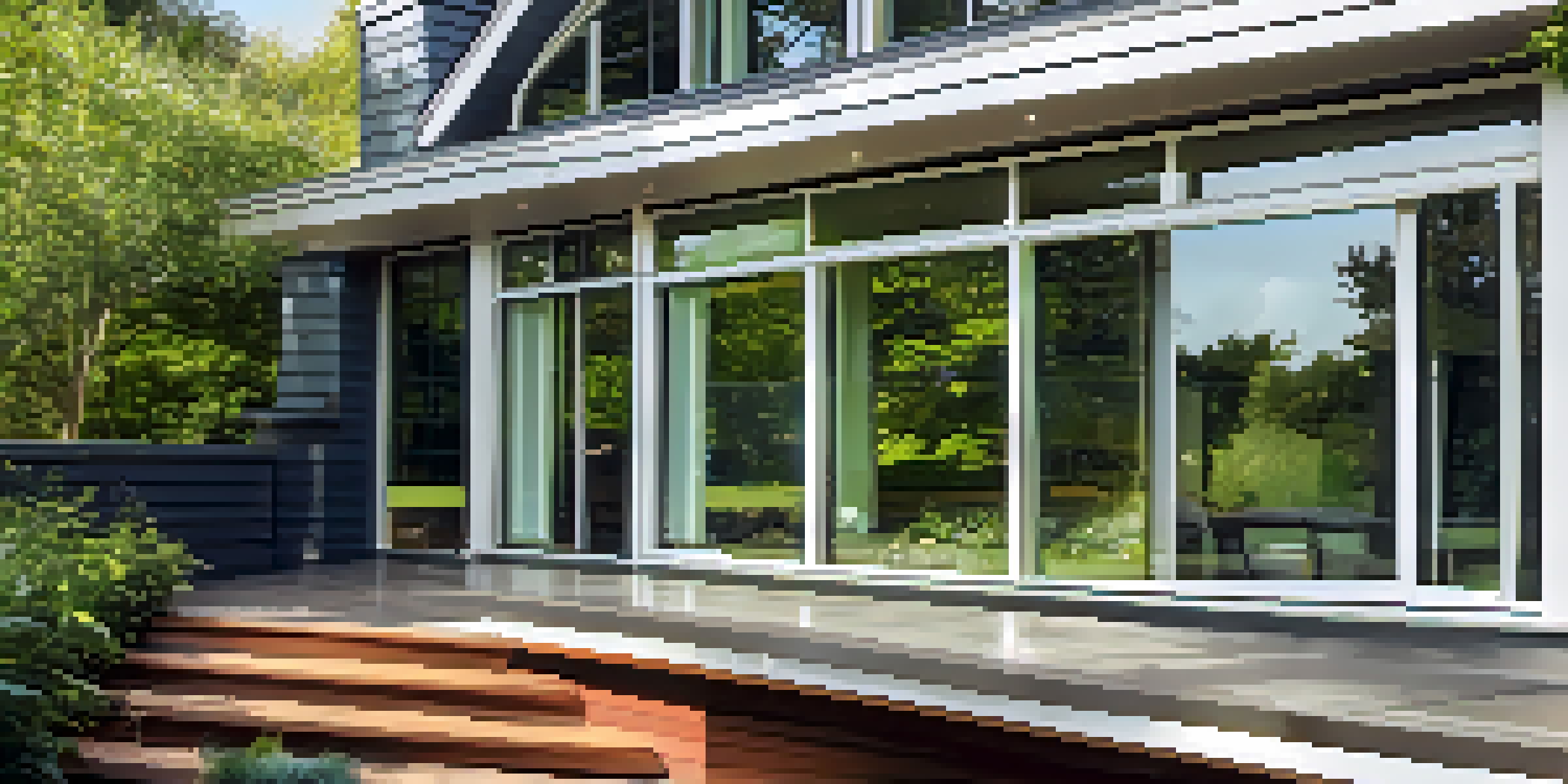 A close-up view of energy-efficient windows in a modern home, showing reflections and a garden outside.