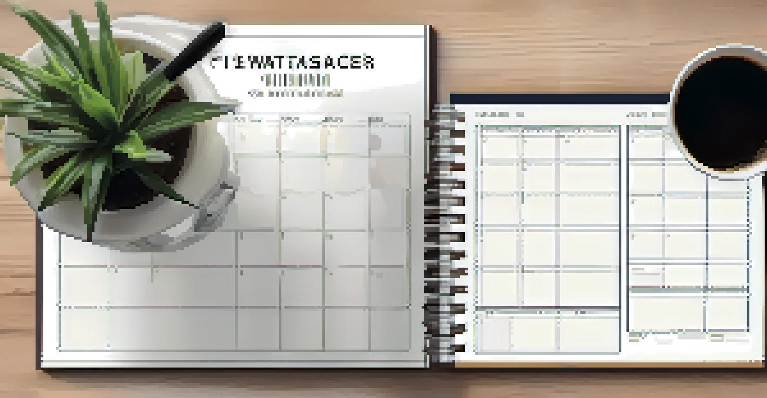 An organized workspace featuring a planner, calendar, documents, and a cup of coffee, creating a productive atmosphere for real estate transactions.