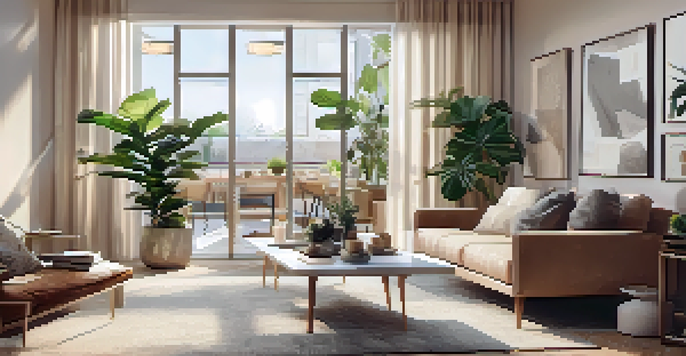 A bright and spacious two-bedroom apartment with a modern living room filled with natural light, featuring a cozy sofa and decorative plants.