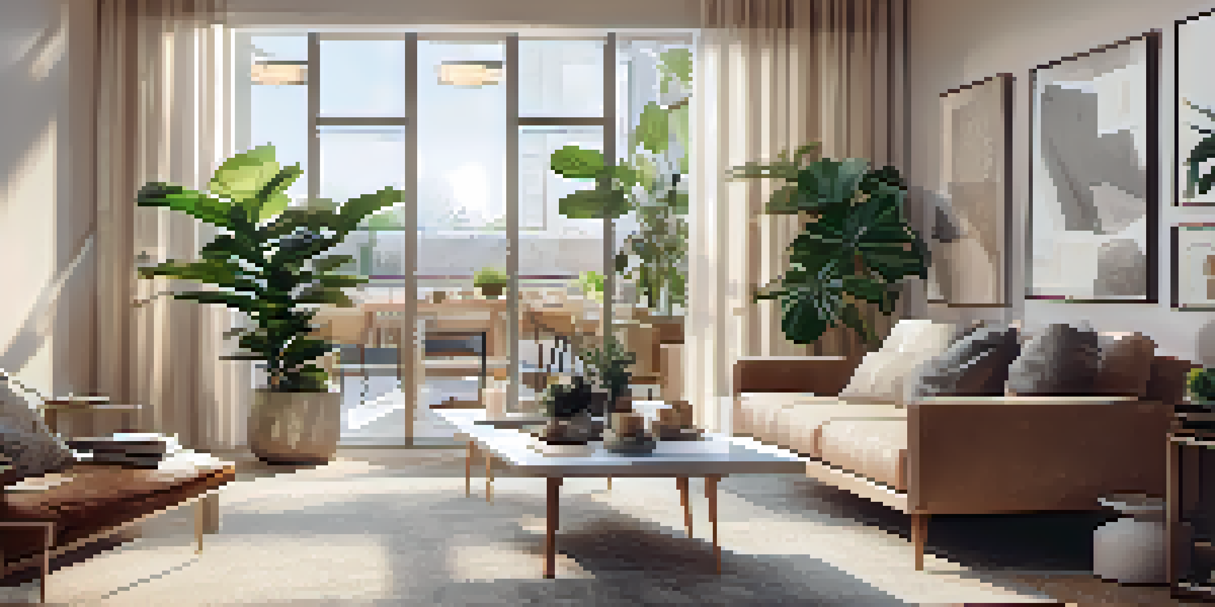 A bright and spacious two-bedroom apartment with a modern living room filled with natural light, featuring a cozy sofa and decorative plants.