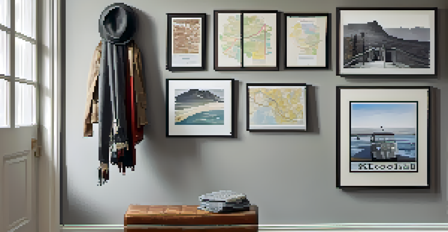 An entryway gallery wall displaying framed photographs and maps, alongside a decorative coat rack.