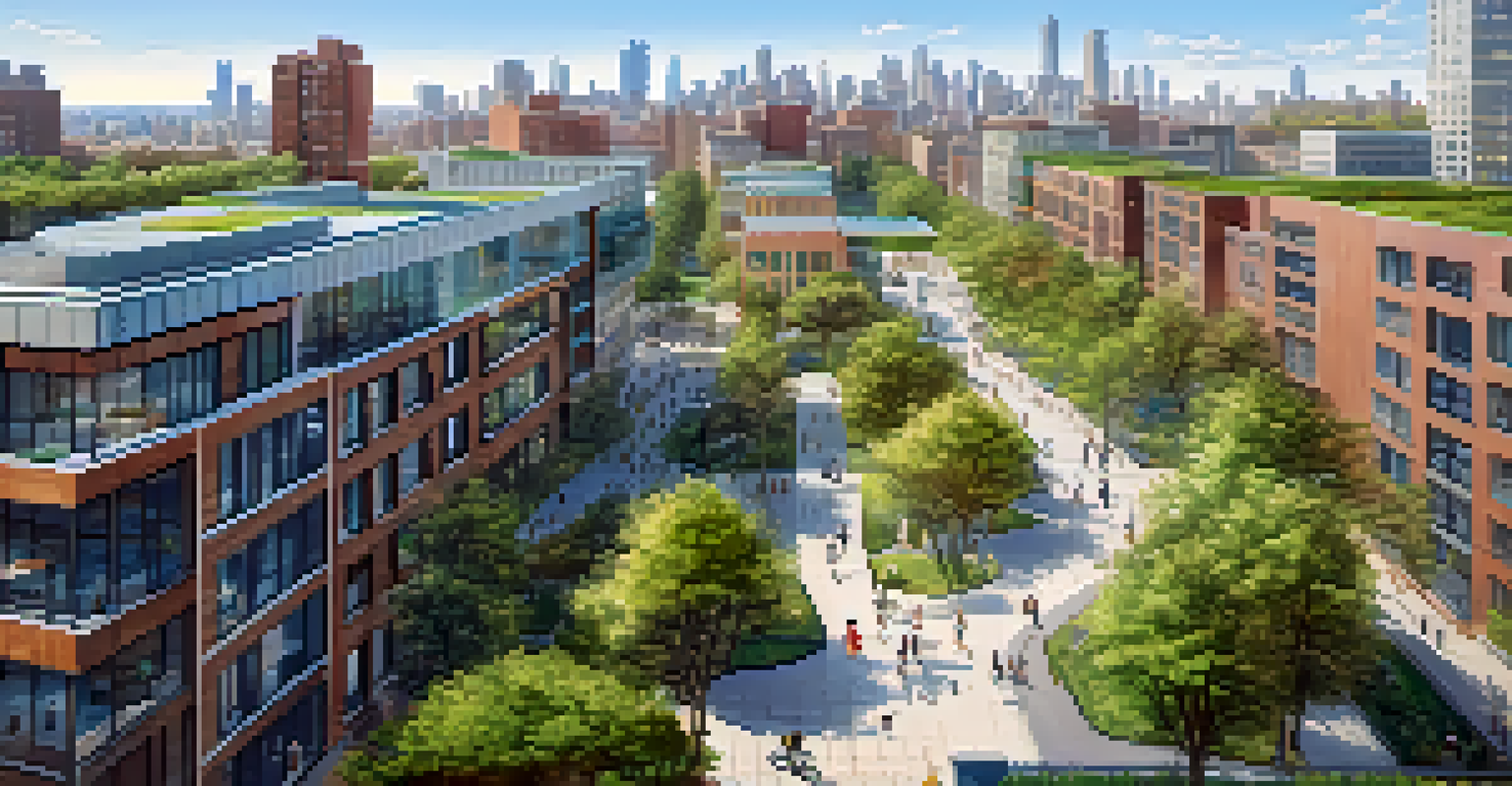 Aerial view of a modern city with mixed-use buildings, green spaces, and pedestrian pathways.