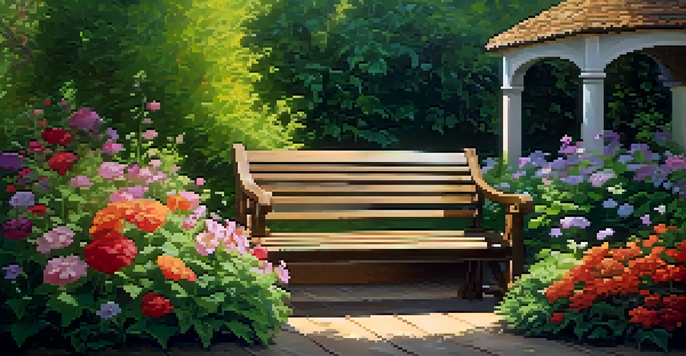 A peaceful garden with a wooden bench surrounded by colorful flowers and greenery, illuminated by soft sunlight.