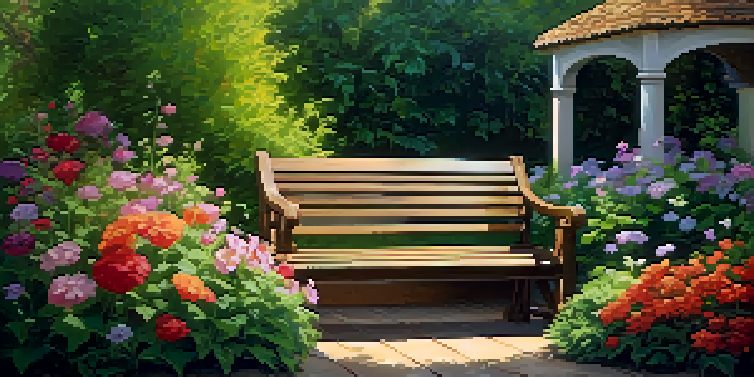 A peaceful garden with a wooden bench surrounded by colorful flowers and greenery, illuminated by soft sunlight.