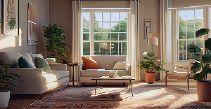 A warm and inviting living room with organized furniture and soft sunlight streaming through the window.