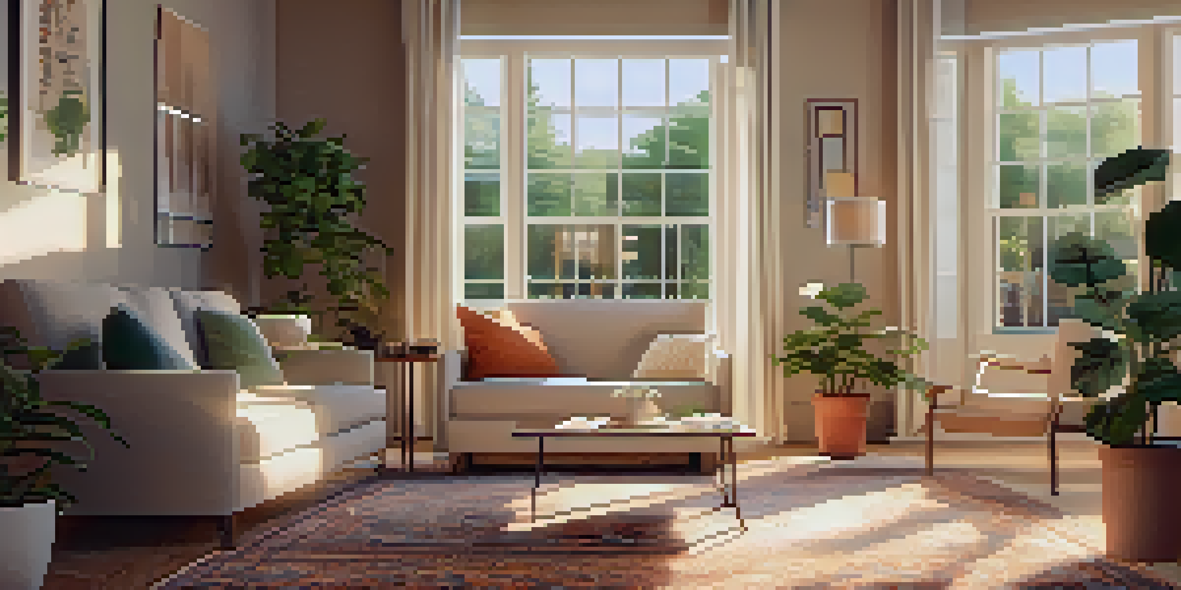 A warm and inviting living room with organized furniture and soft sunlight streaming through the window.