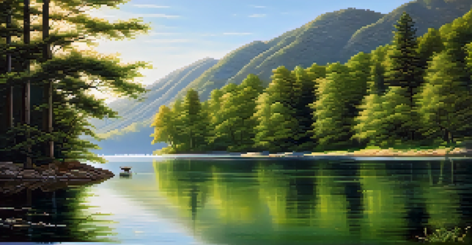 A peaceful lake scene with green trees and mountains in the background under a clear blue sky.