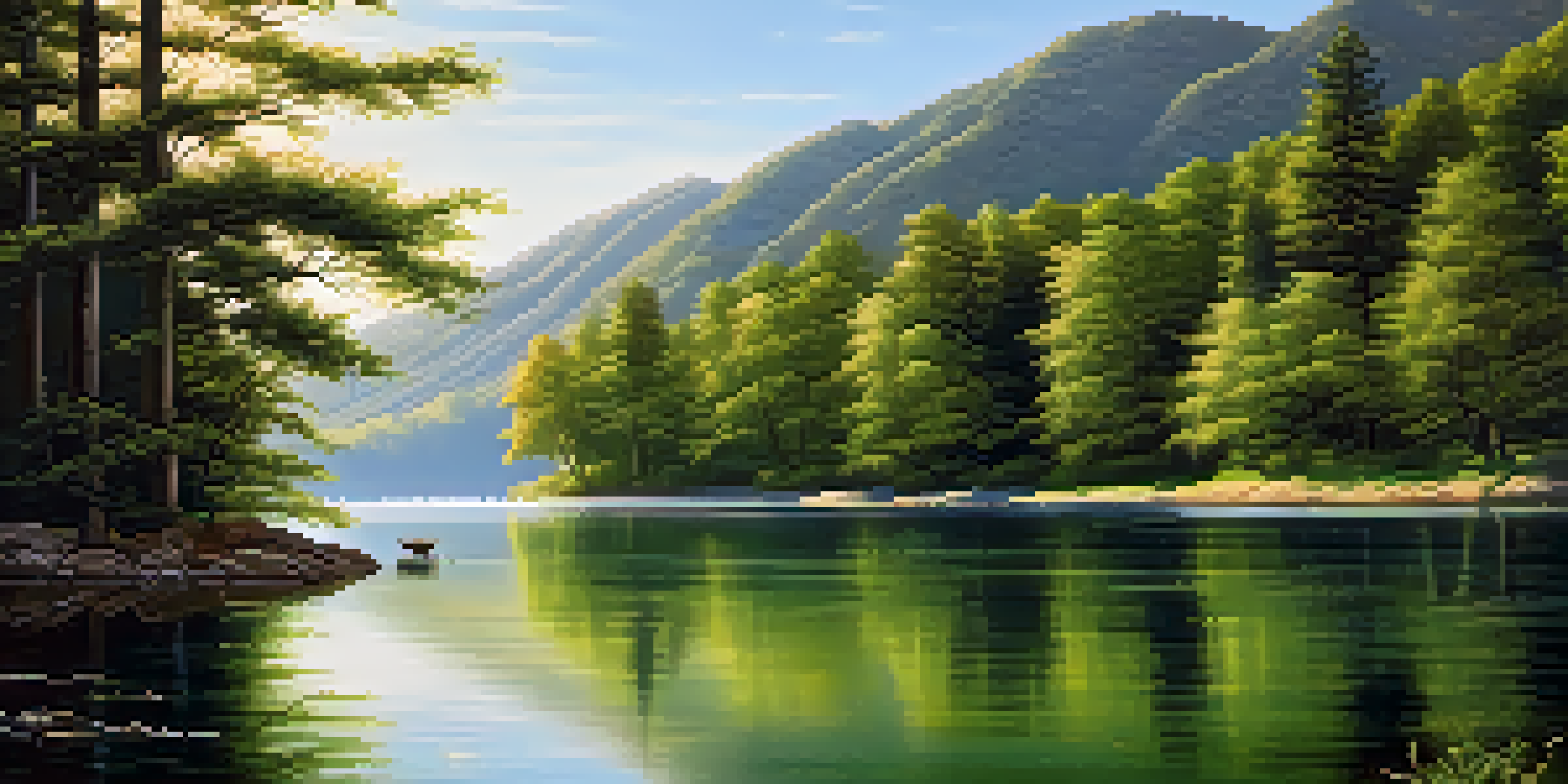 A peaceful lake scene with green trees and mountains in the background under a clear blue sky.