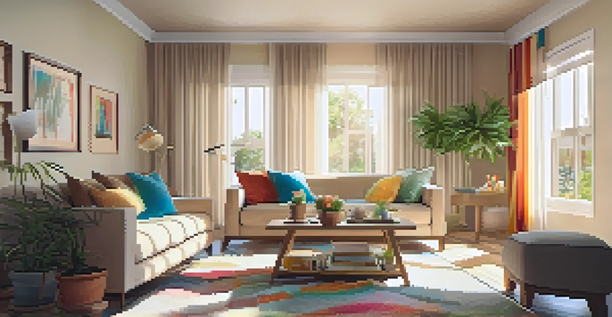 A cozy living room with a beige sofa, colorful cushions, and sunlight filtering through sheer curtains, creating a warm atmosphere.