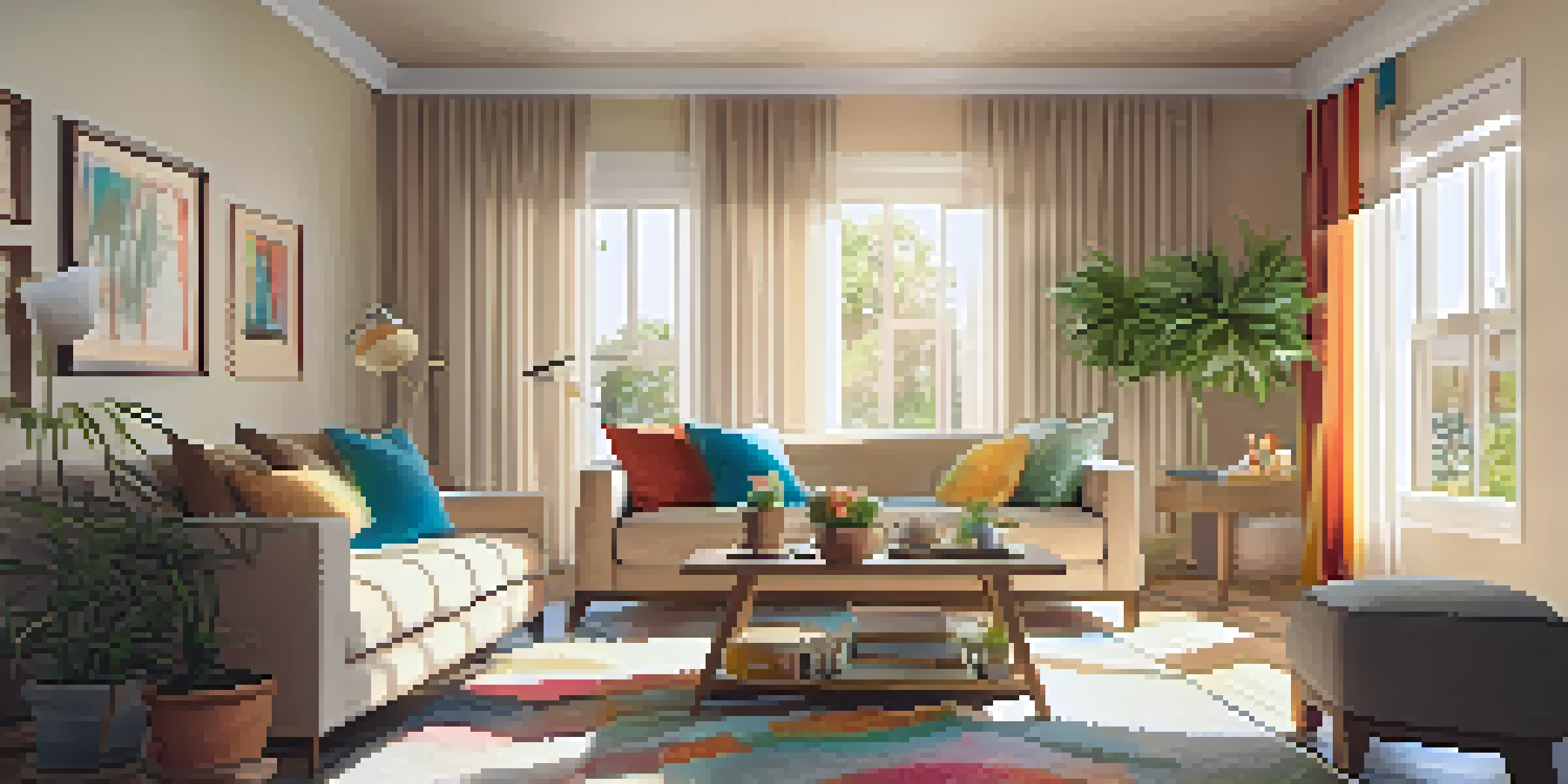 A cozy living room with a beige sofa, colorful cushions, and sunlight filtering through sheer curtains, creating a warm atmosphere.