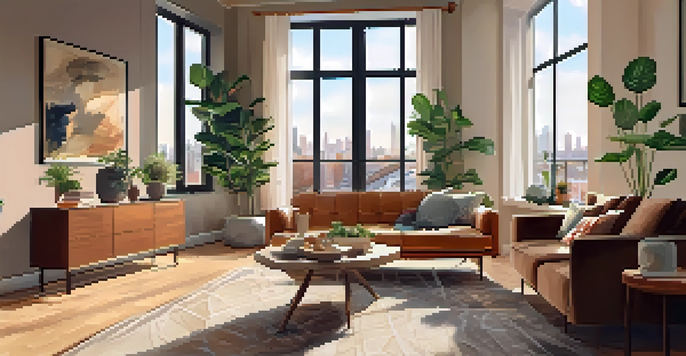 A bright and inviting living room with sunlight streaming through large windows, featuring a sofa and a coffee table with a plant.