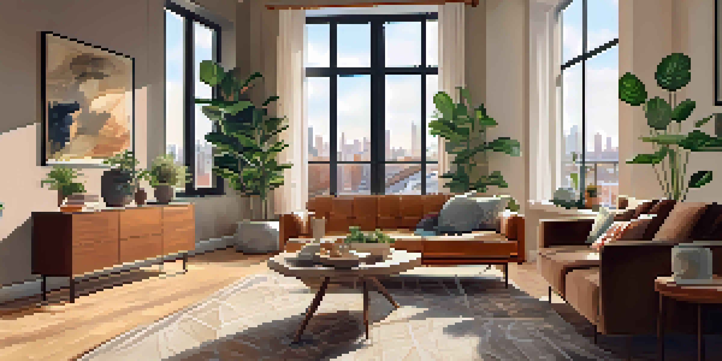 A bright and inviting living room with sunlight streaming through large windows, featuring a sofa and a coffee table with a plant.